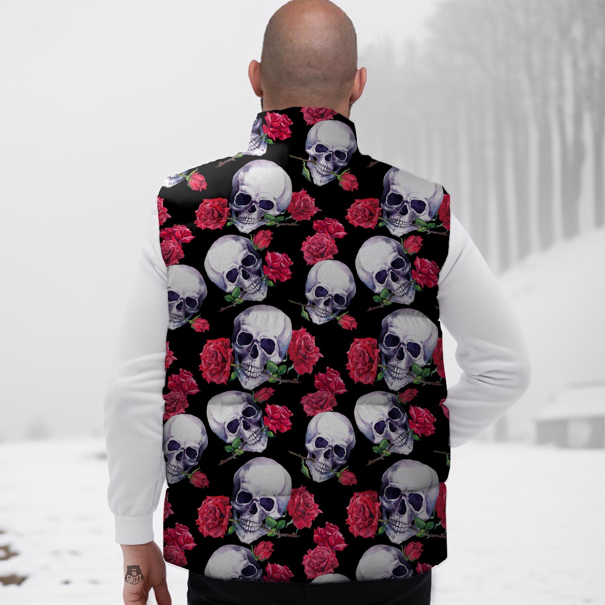Skull Red Rose Print Pattern Down Vest-grizzshop