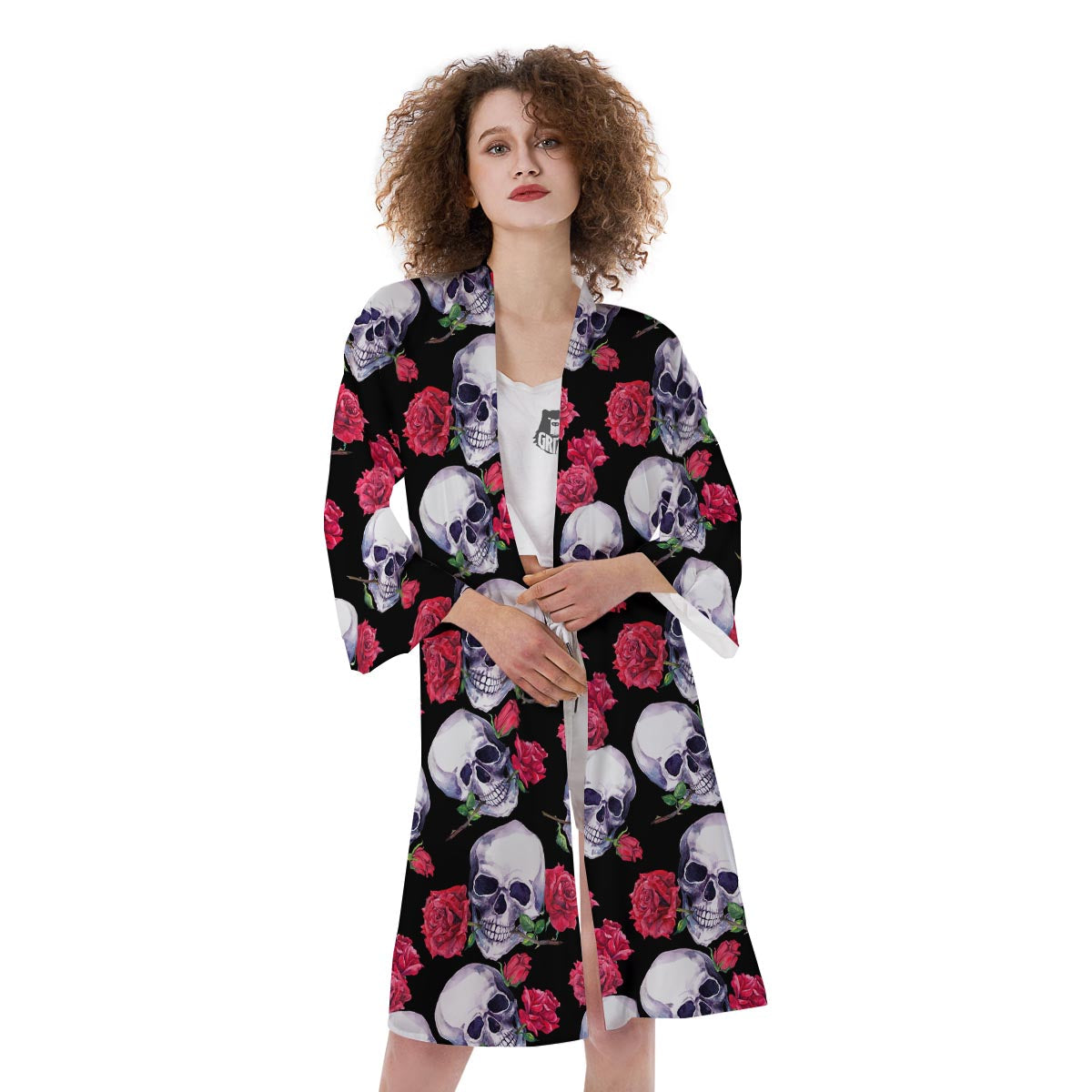 Skull Red Rose Print Pattern Kimono-grizzshop