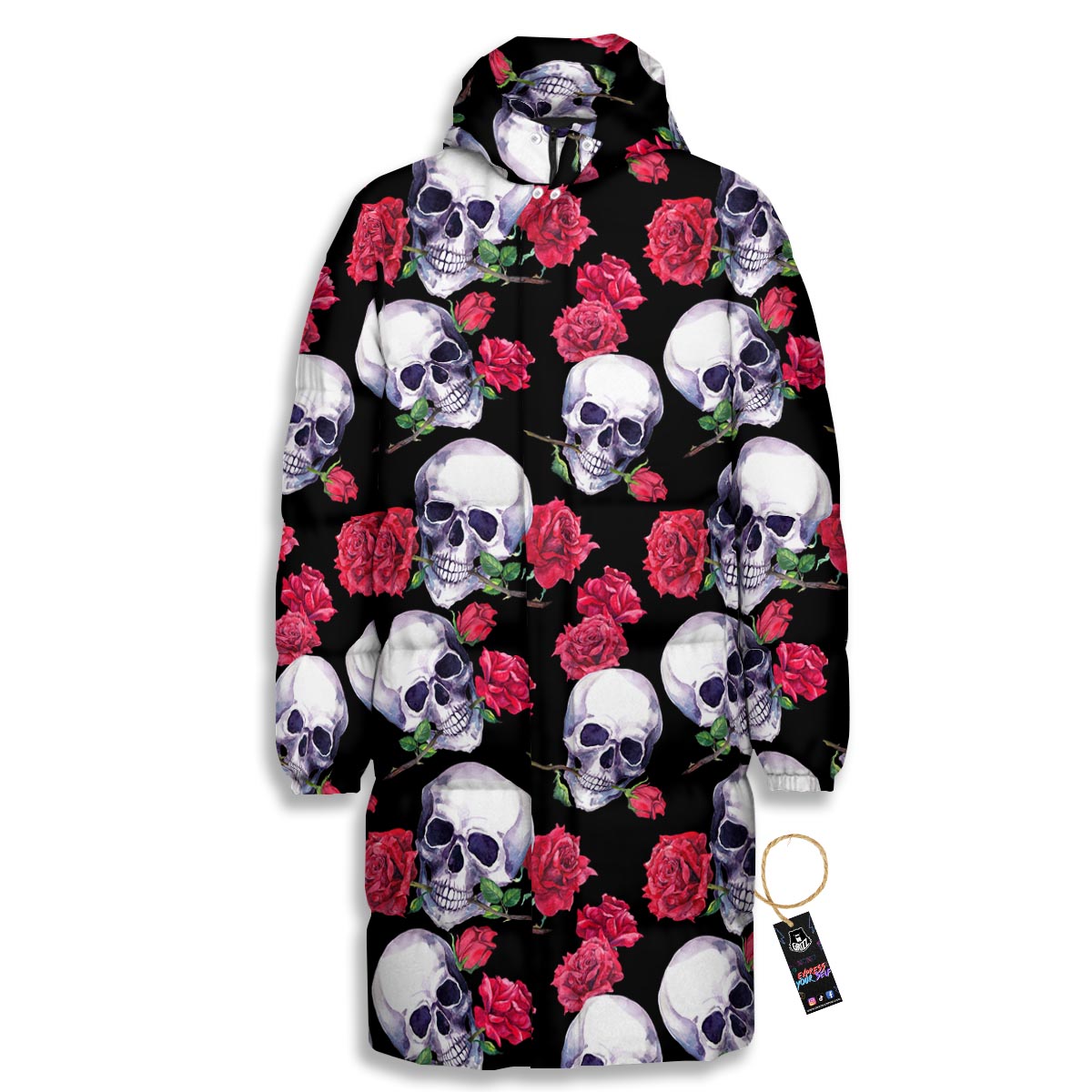 Skull Red Rose Print Pattern Long Down Jacket-grizzshop