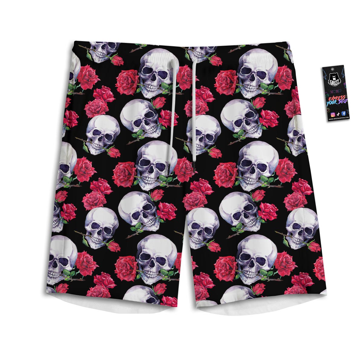 Skull Red Rose Print Pattern Men's Athletic Shorts