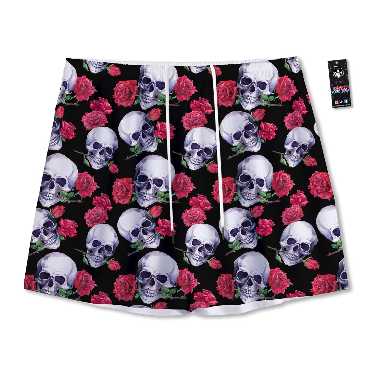Skull Red Rose Print Pattern Mesh Shorts