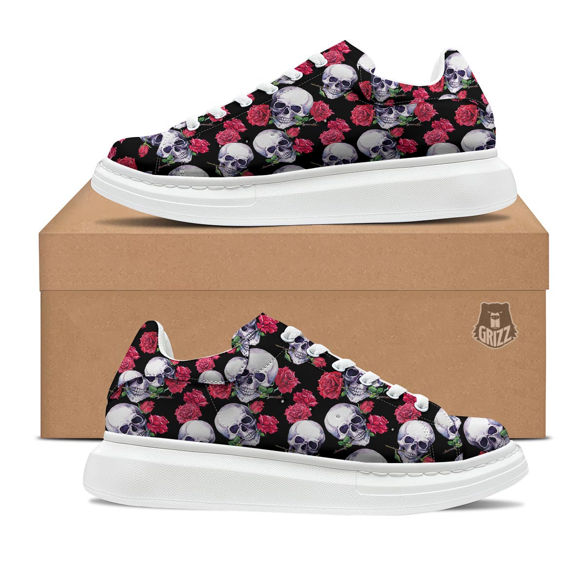Skull Red Rose Print Pattern Platform Shoes-grizzshop