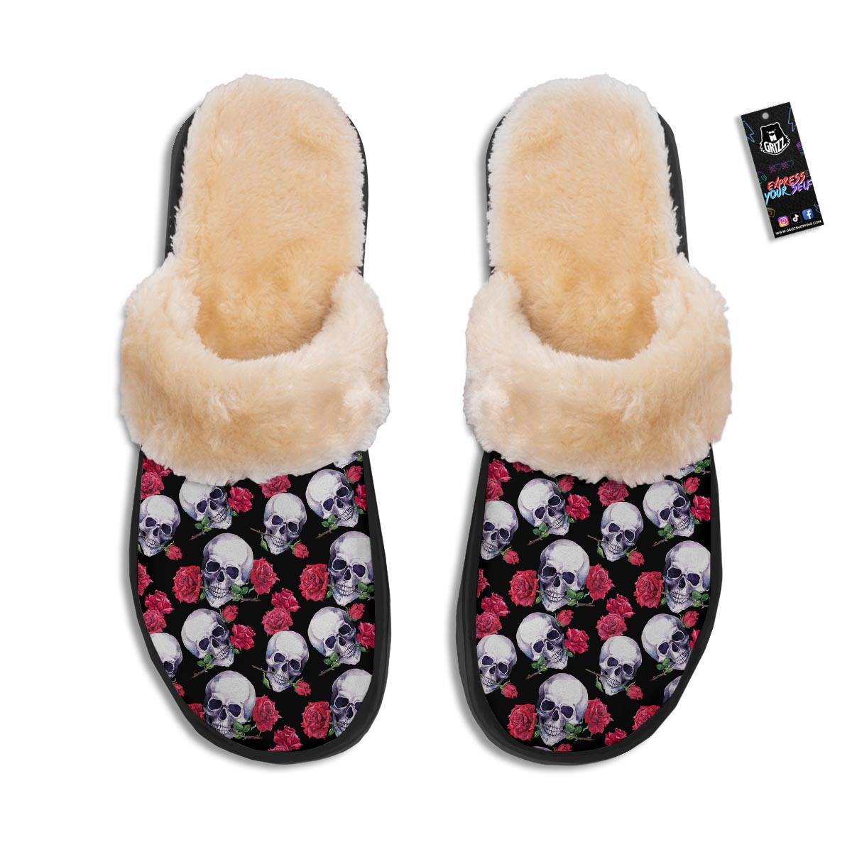 Skull Red Rose Print Pattern Slippers-grizzshop