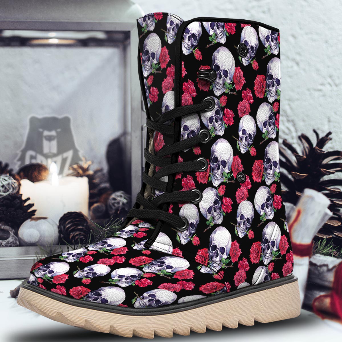 Skull Red Rose Print Pattern Snow Boots-grizzshop