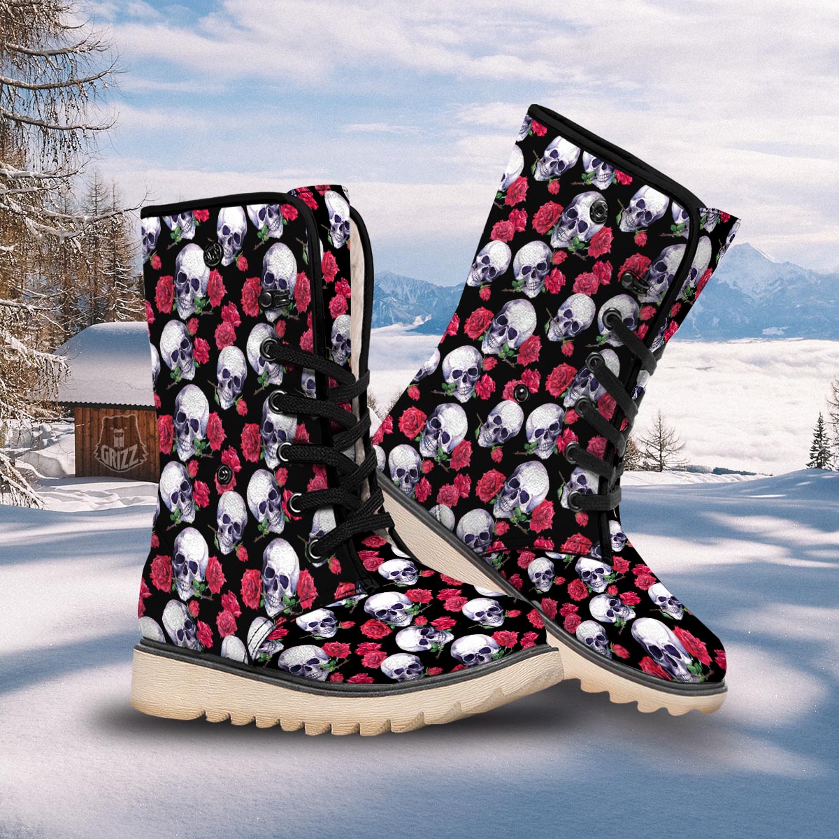 Skull Red Rose Print Pattern Snow Boots-grizzshop