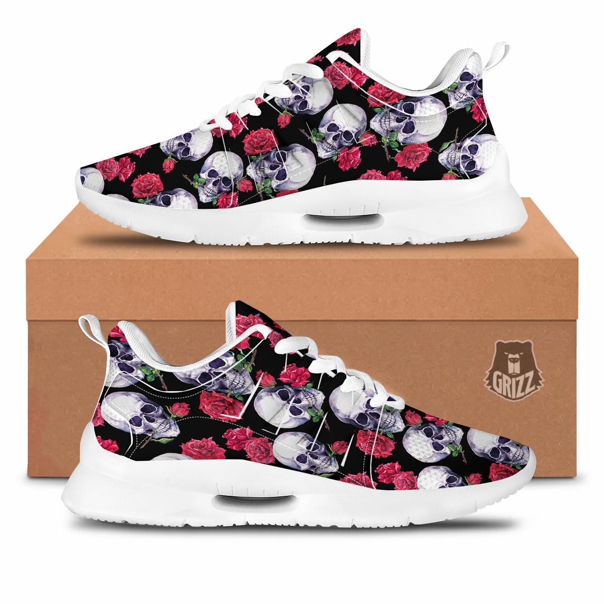 Skull Red Rose Print Pattern Tennis Shoes-grizzshop