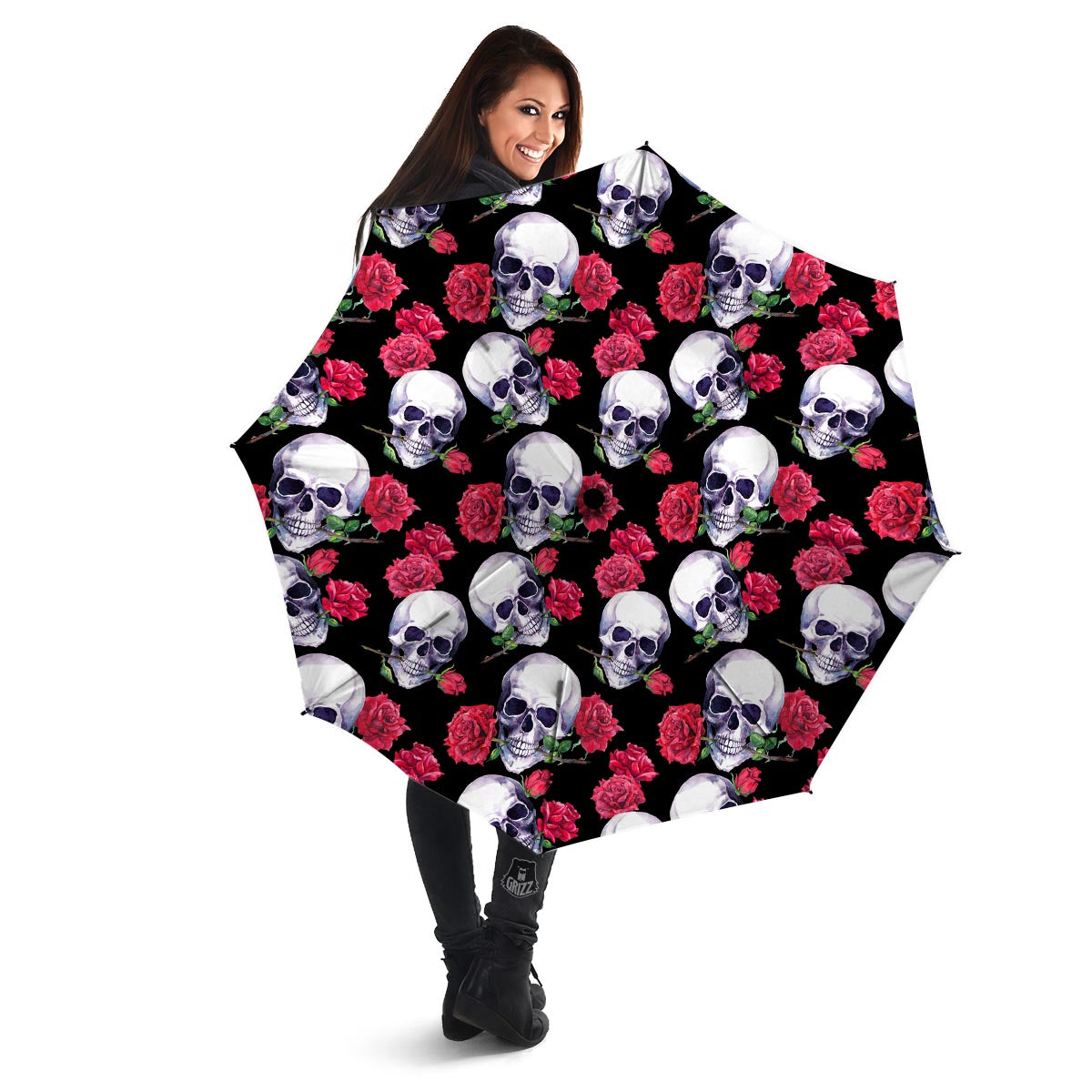Skull Red Rose Print Pattern Umbrella-grizzshop