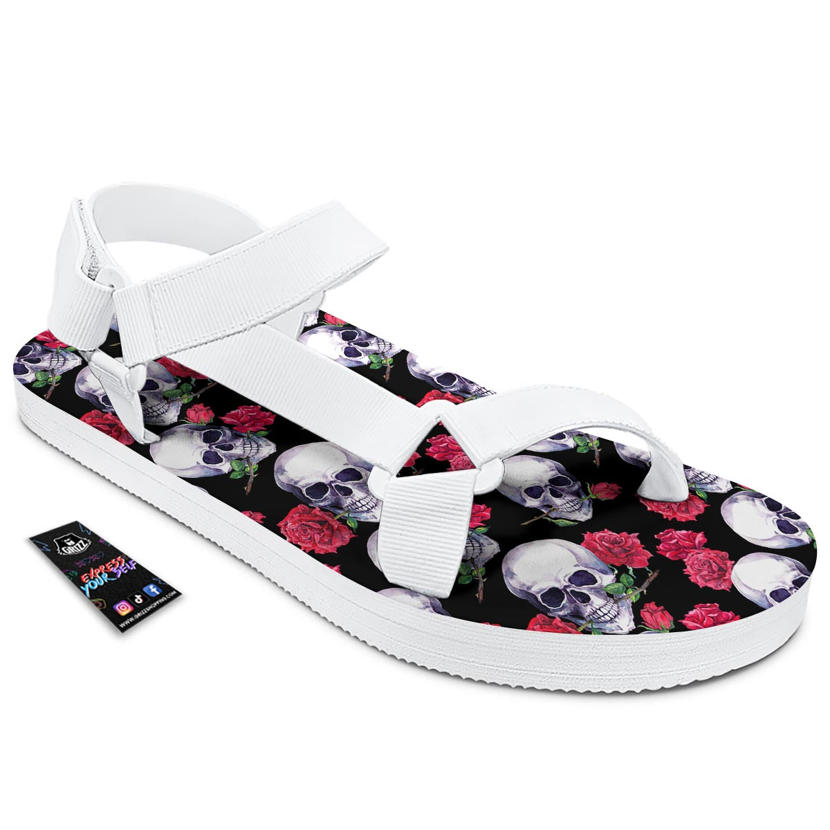 Skull Red Rose Print Pattern White Open Toe Sandals-grizzshop