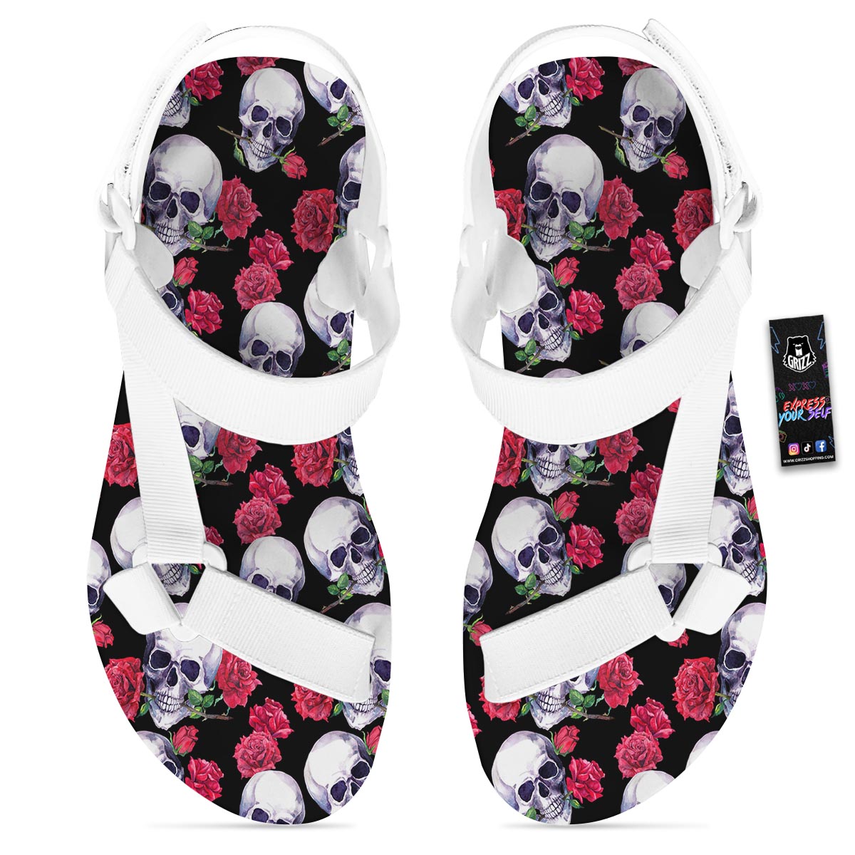 Skull Red Rose Print Pattern White Open Toe Sandals-grizzshop