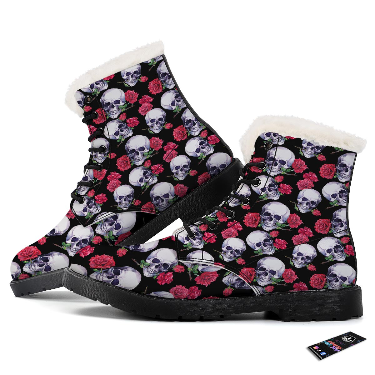 Skull Red Rose Print Pattern Winter Boots-grizzshop
