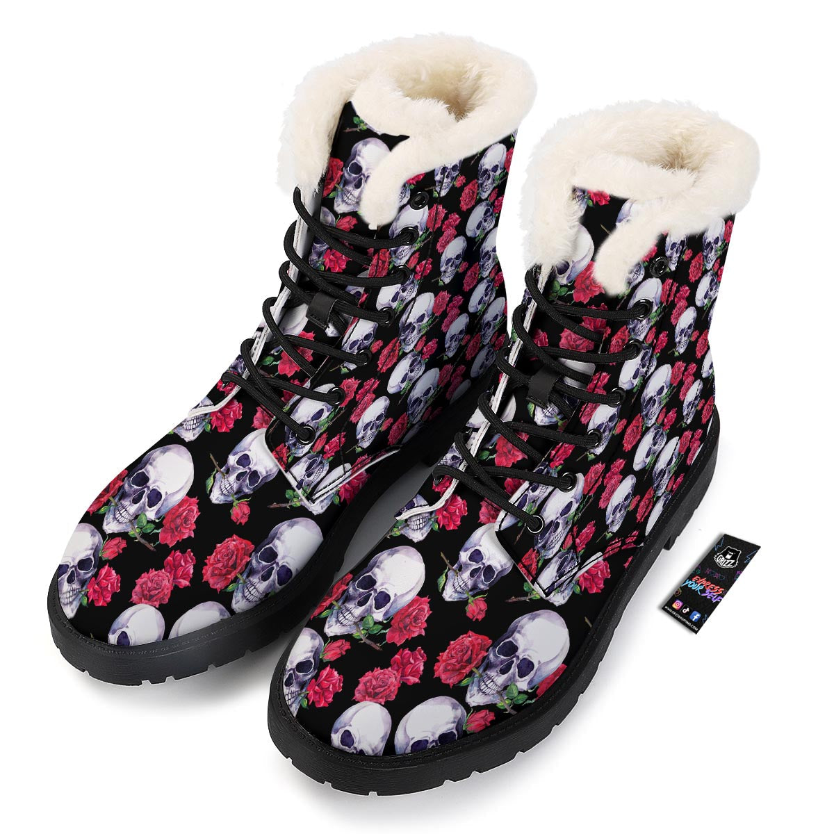 Skull Red Rose Print Pattern Winter Boots-grizzshop