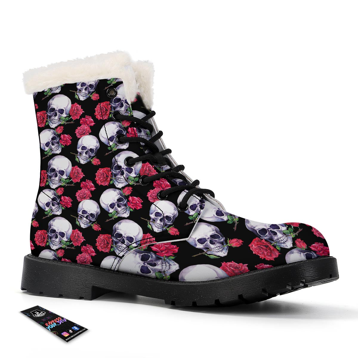 Skull Red Rose Print Pattern Winter Boots-grizzshop