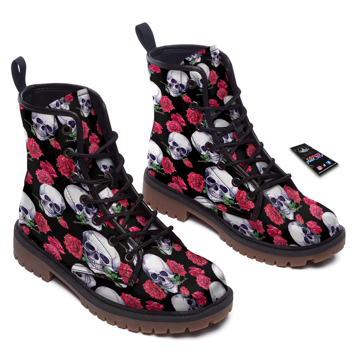 Skull Red Rose Print Pattern Work Boots-grizzshop