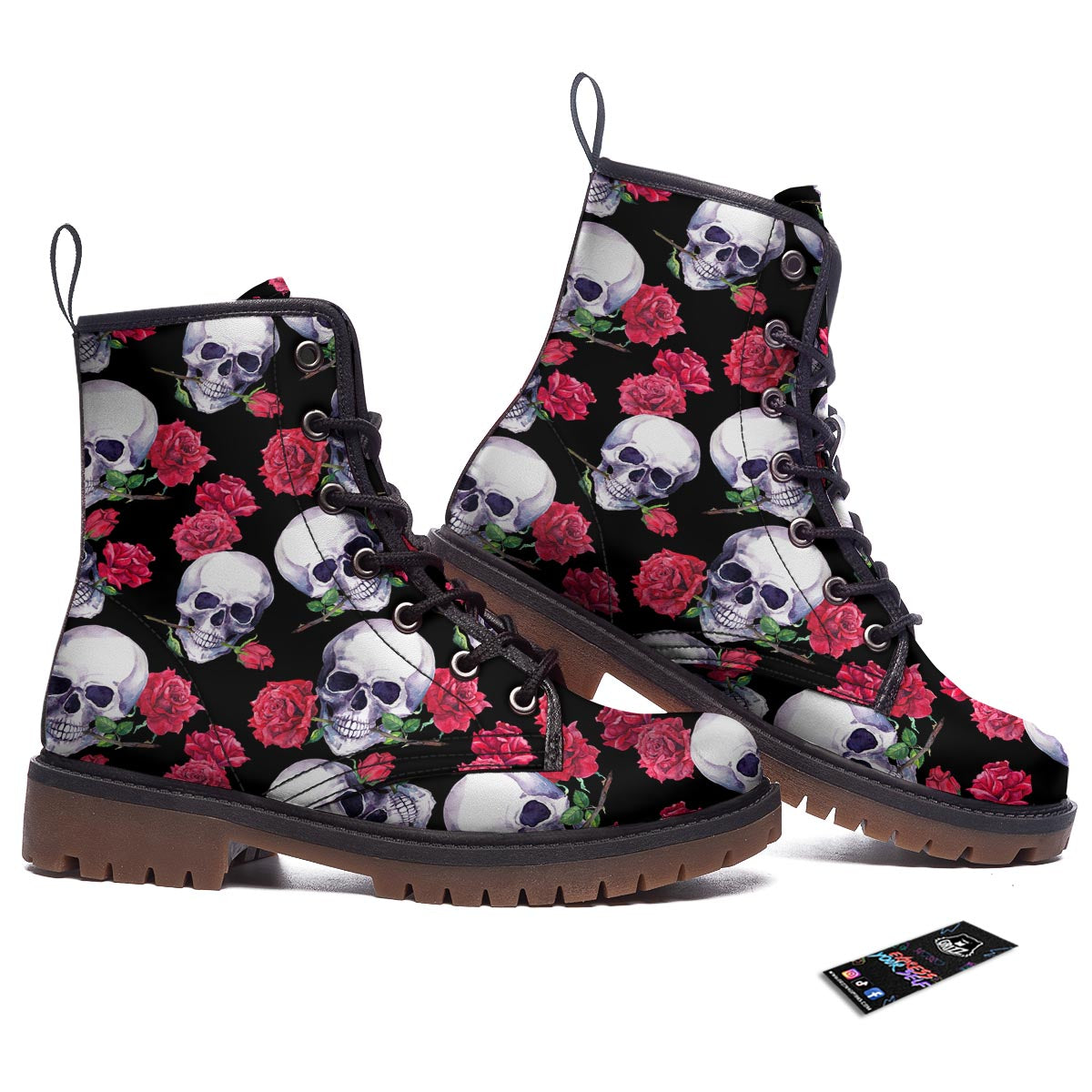 Skull Red Rose Print Pattern Work Boots-grizzshop