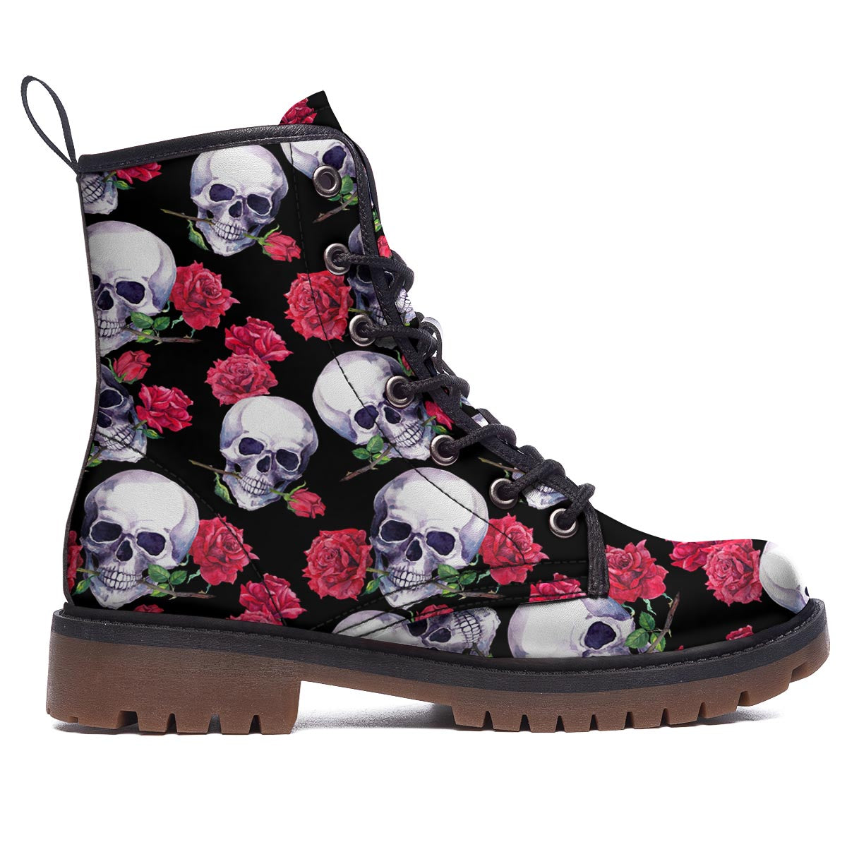 Skull Red Rose Print Pattern Work Boots-grizzshop