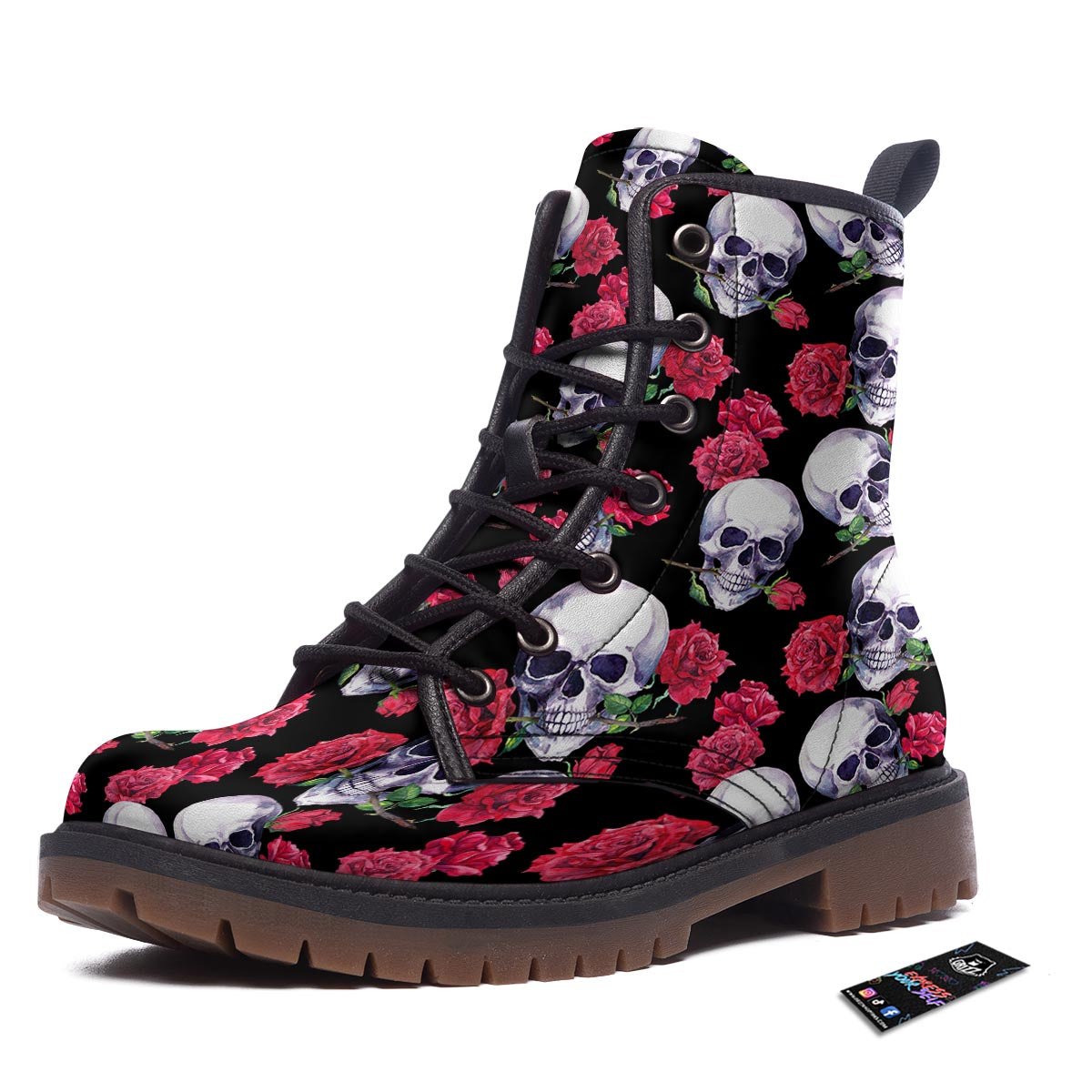 Skull Red Rose Print Pattern Work Boots-grizzshop