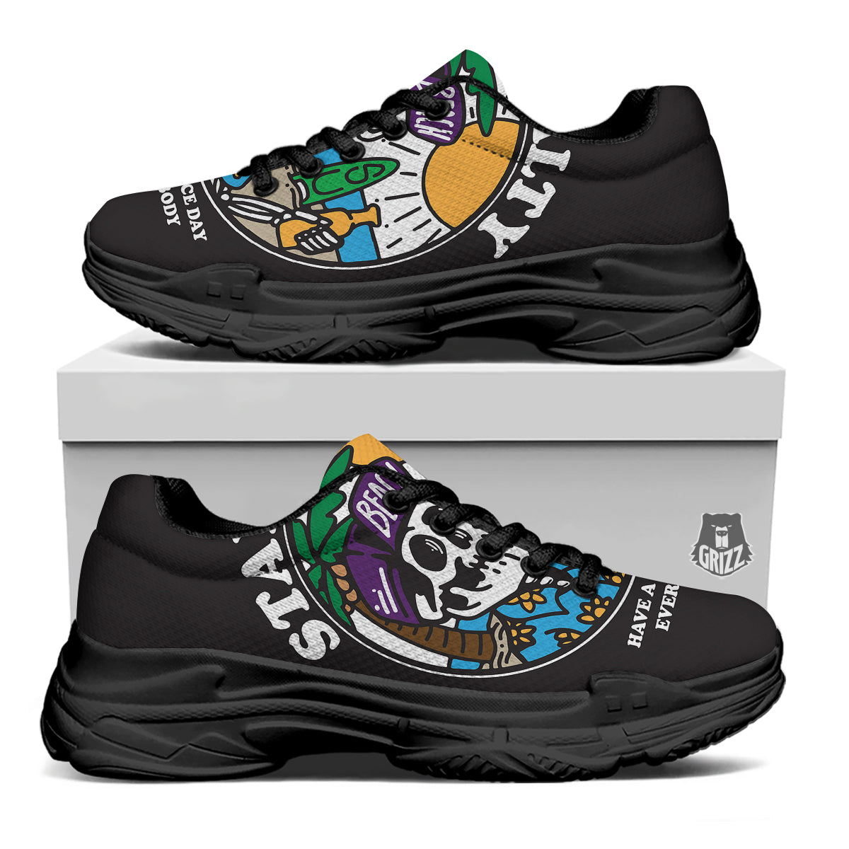 Skull Relax On Beach Print Black Chunky Shoes-grizzshop
