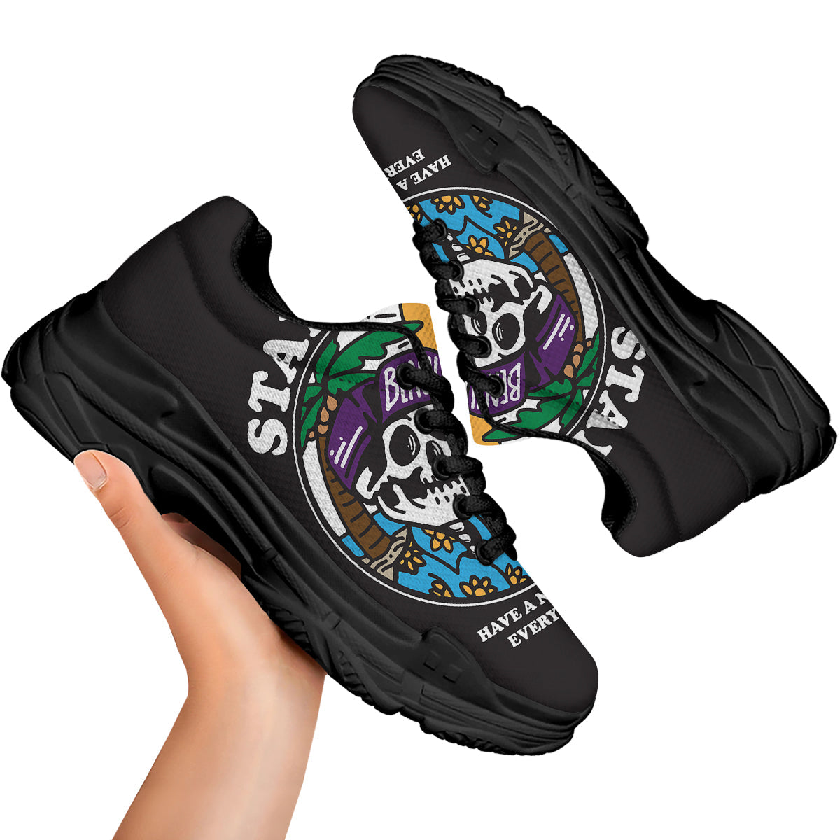 Skull Relax On Beach Print Black Chunky Shoes-grizzshop