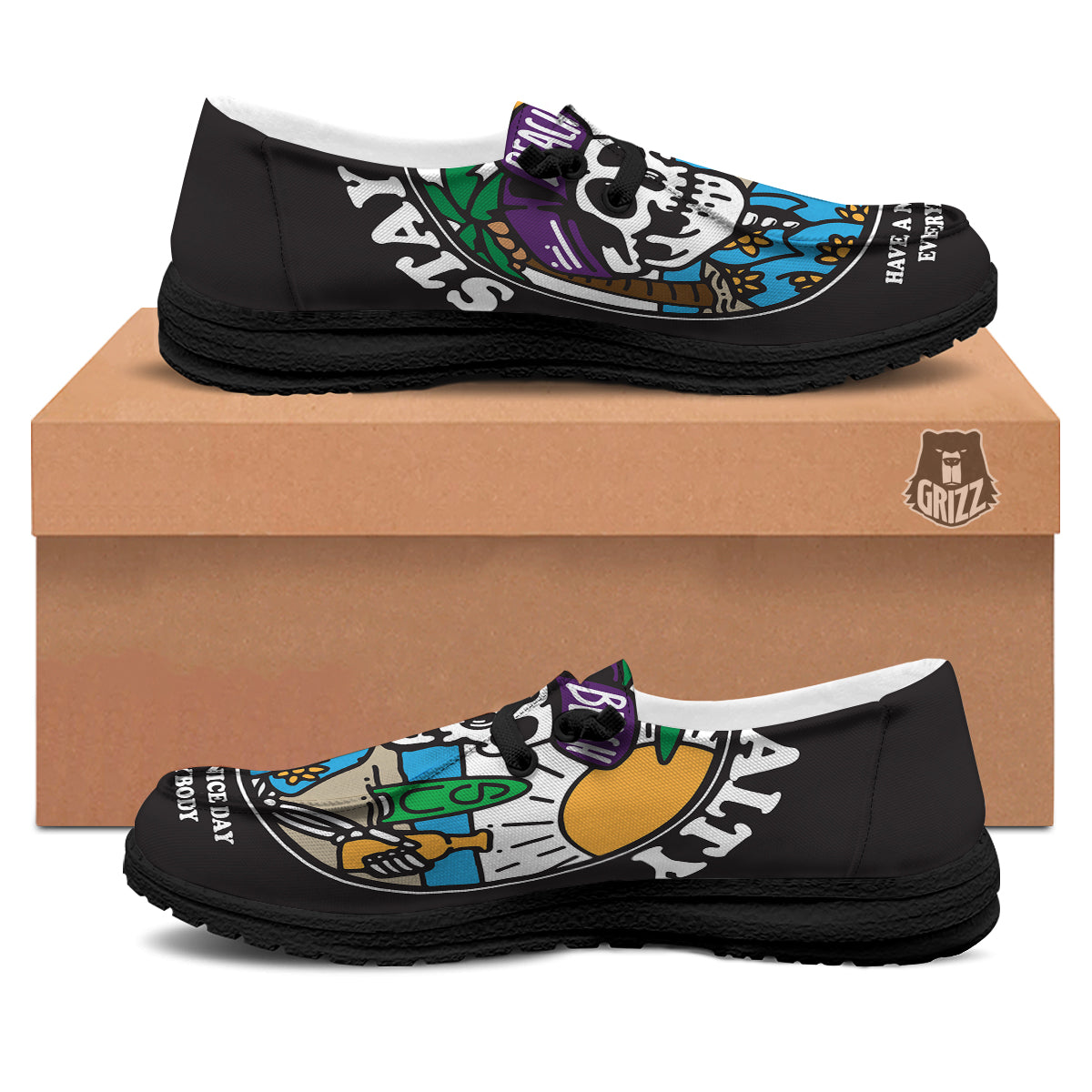 Skull Relax On Beach Print Black Loafers-grizzshop