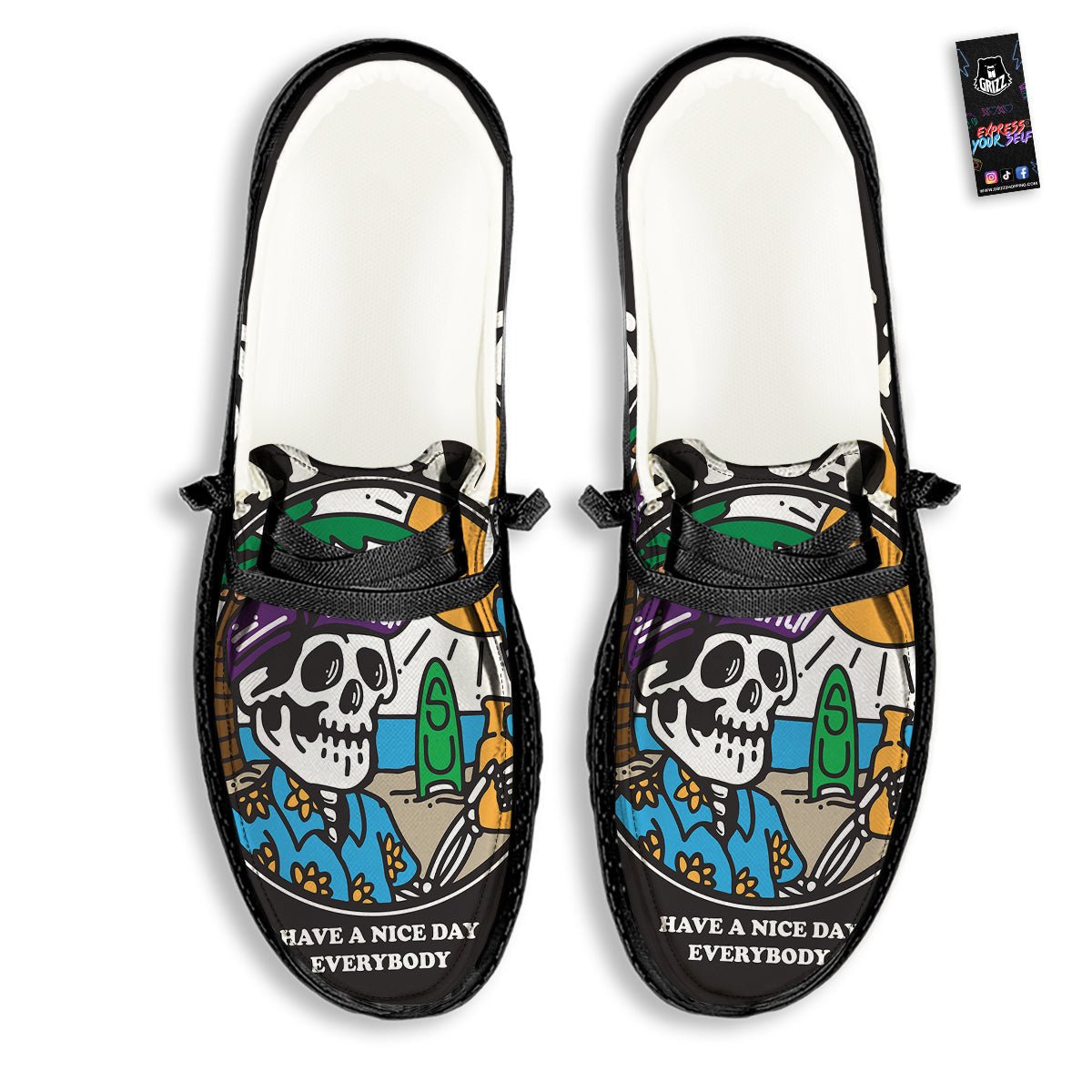 Skull Relax On Beach Print Black Loafers-grizzshop