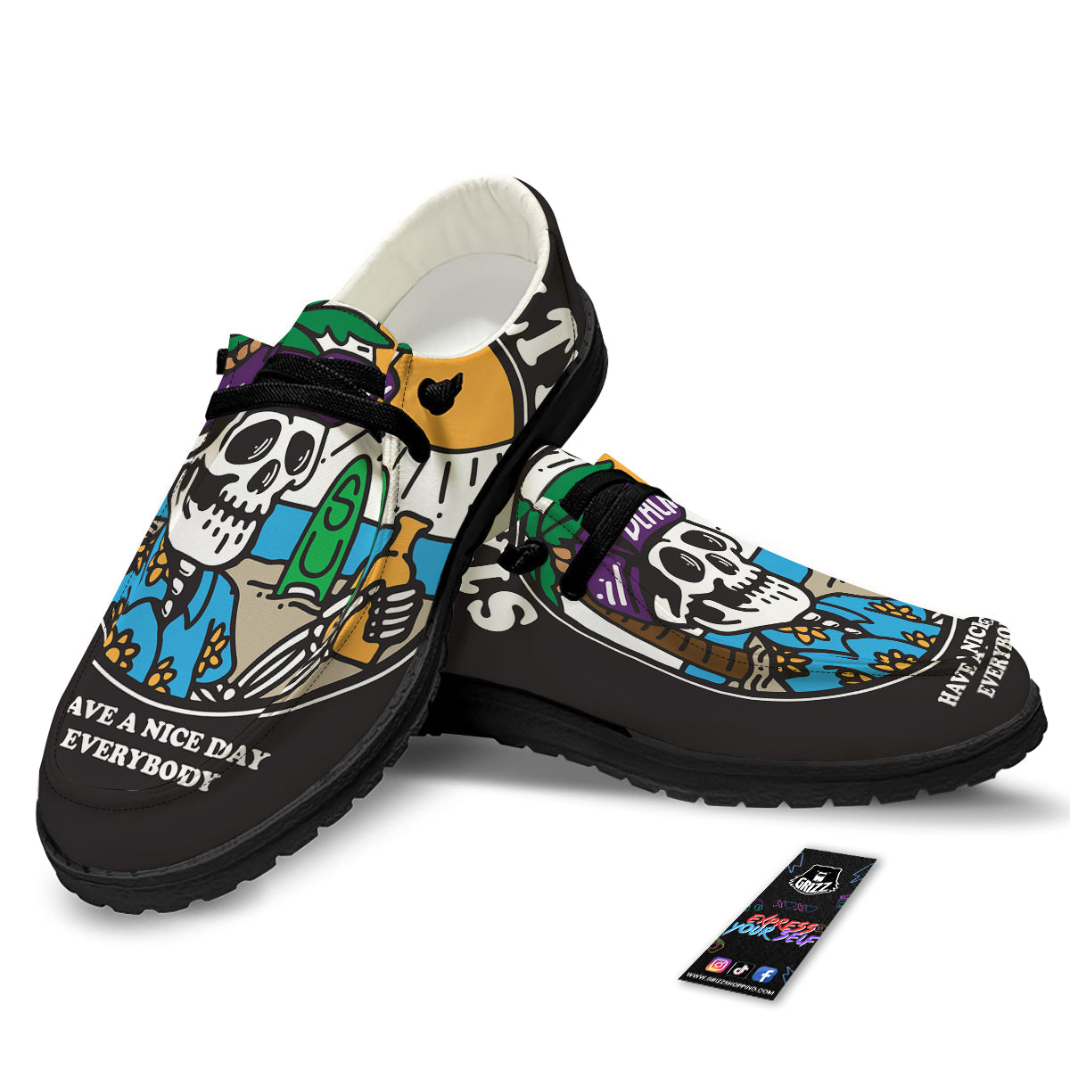 Skull Relax On Beach Print Black Loafers-grizzshop