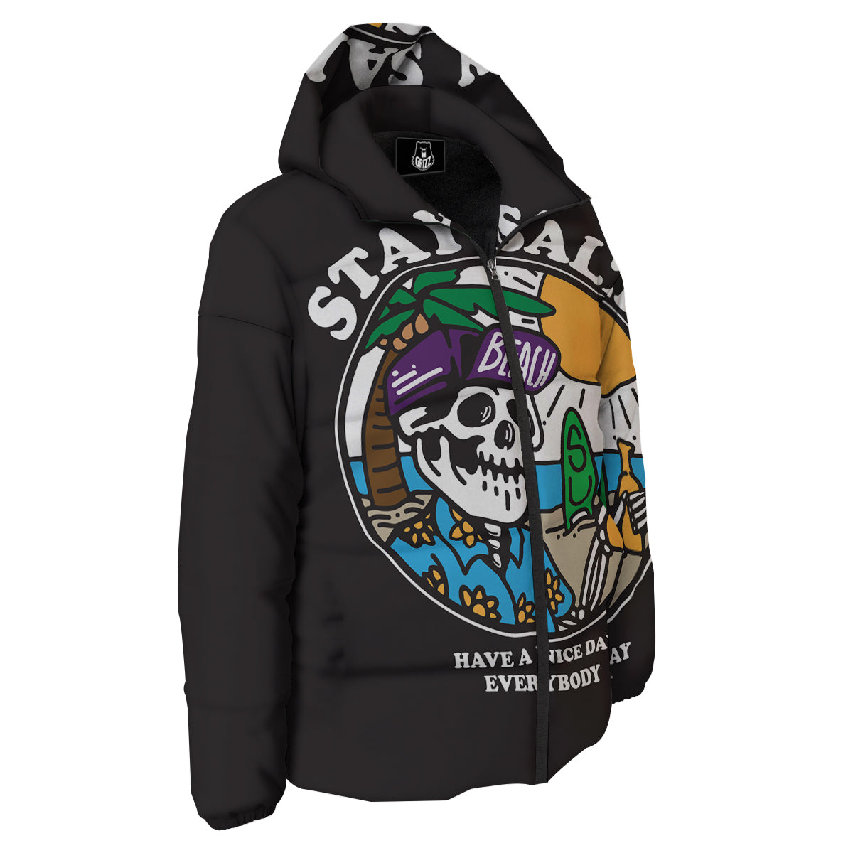 Skull Relax On Beach Print Down Jacket-grizzshop