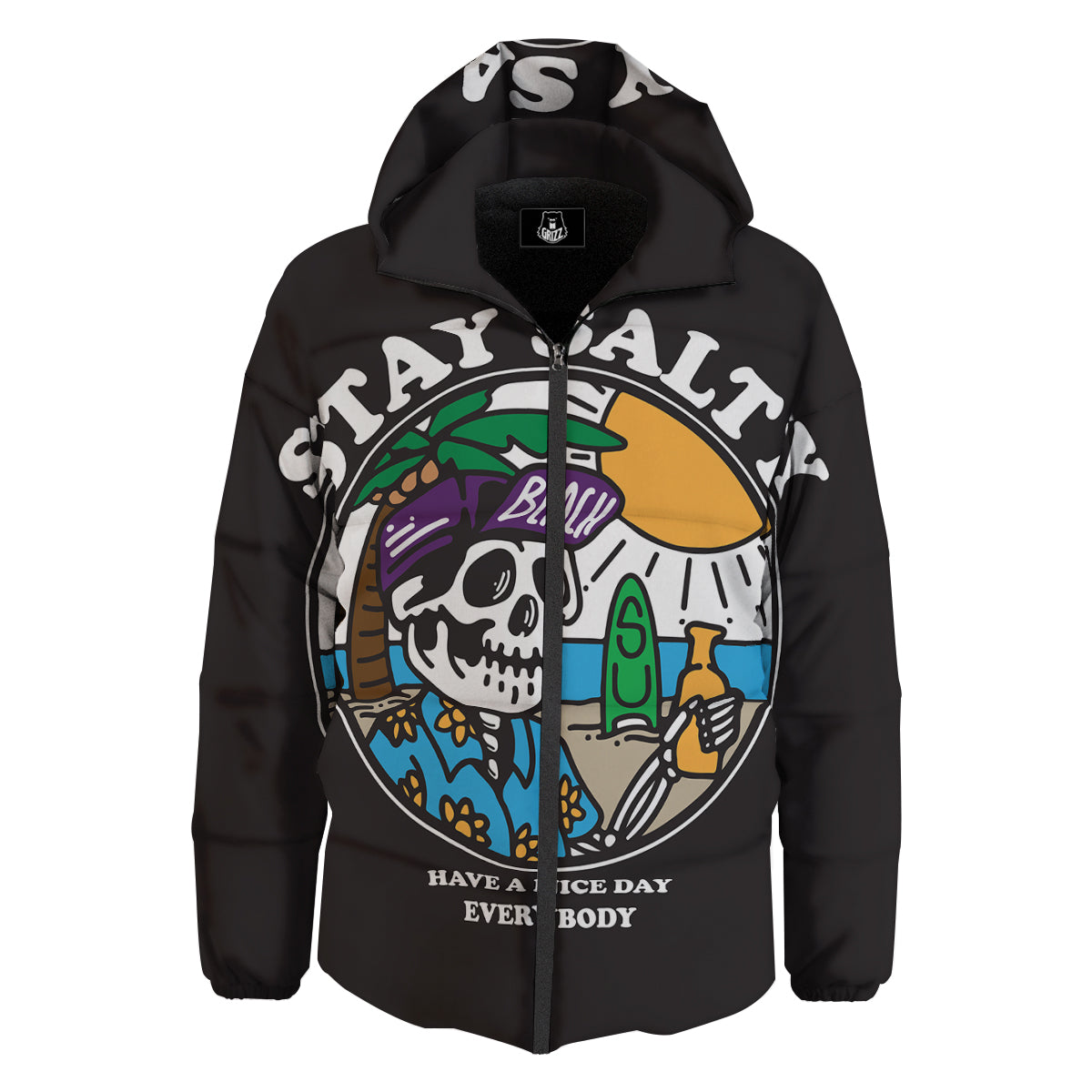 Skull Relax On Beach Print Down Jacket-grizzshop
