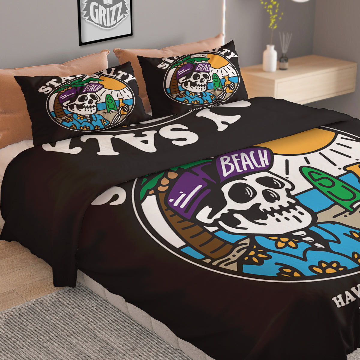 Skull Relax On Beach Print Duvet Cover Bedding Set