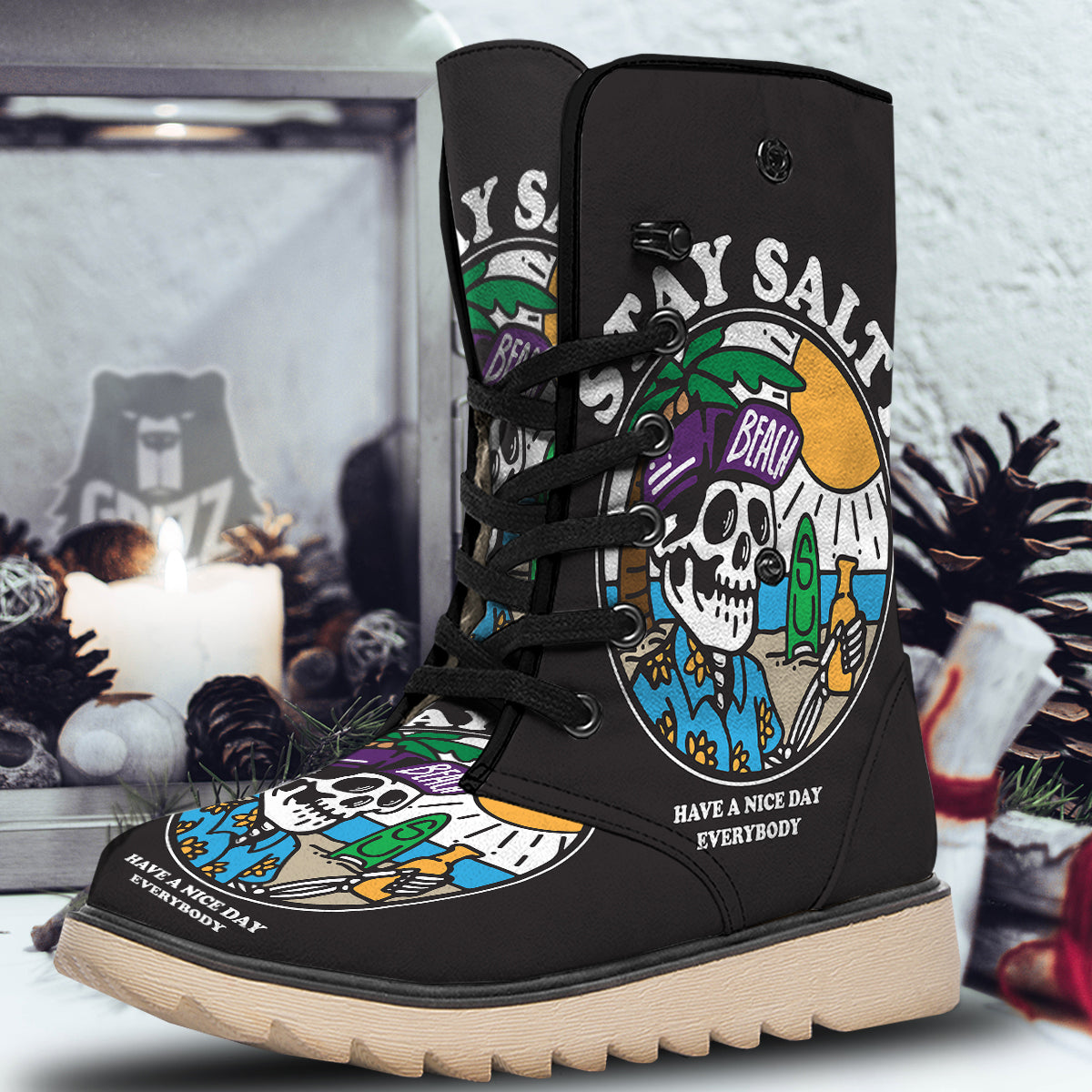 Skull Relax On Beach Print Snow Boots-grizzshop