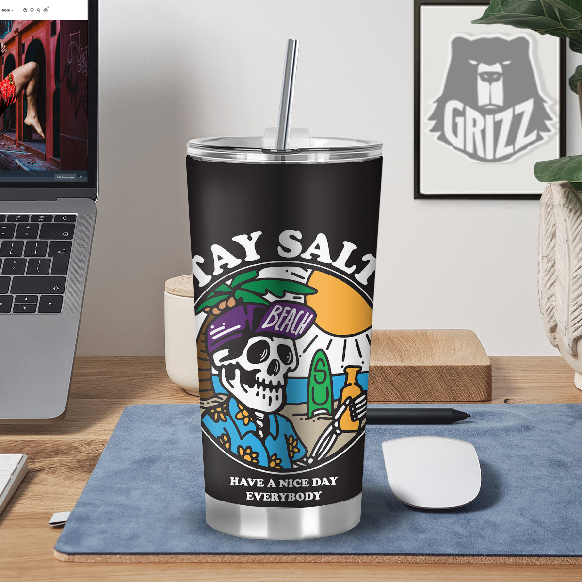 Skull Relax On Beach Print Tumbler-grizzshop