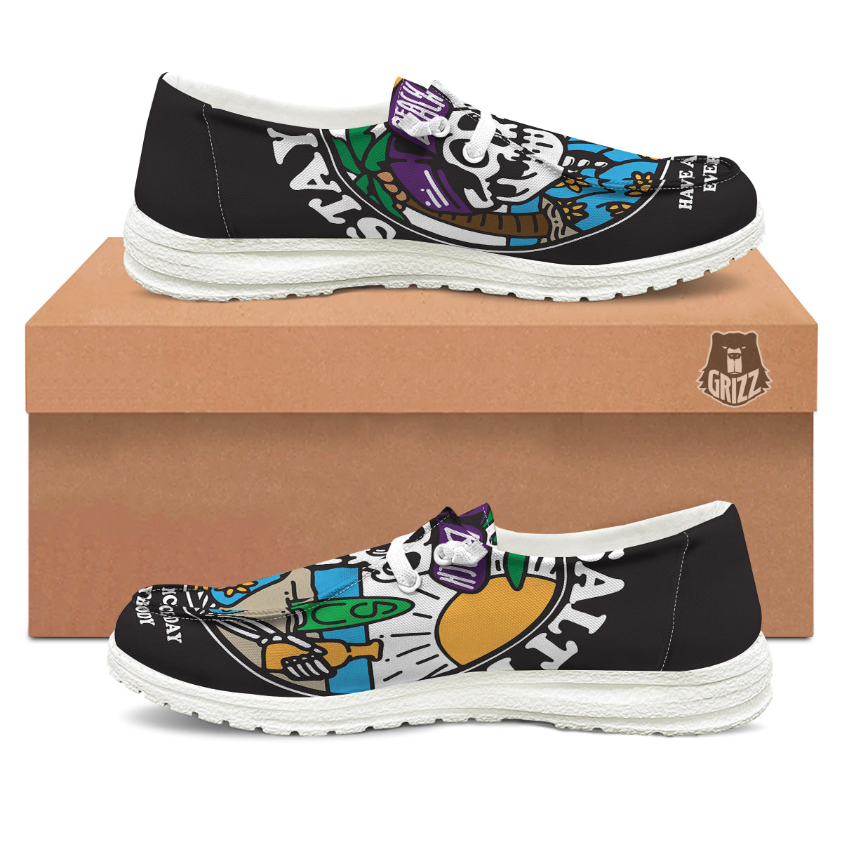 Skull Relax On Beach Print White Loafers-grizzshop