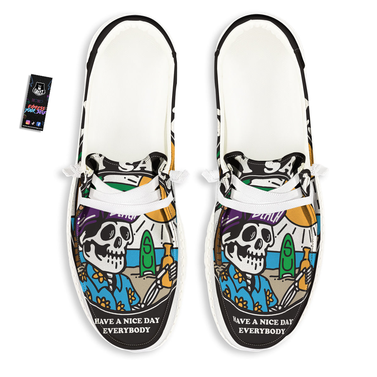 Skull Relax On Beach Print White Loafers-grizzshop
