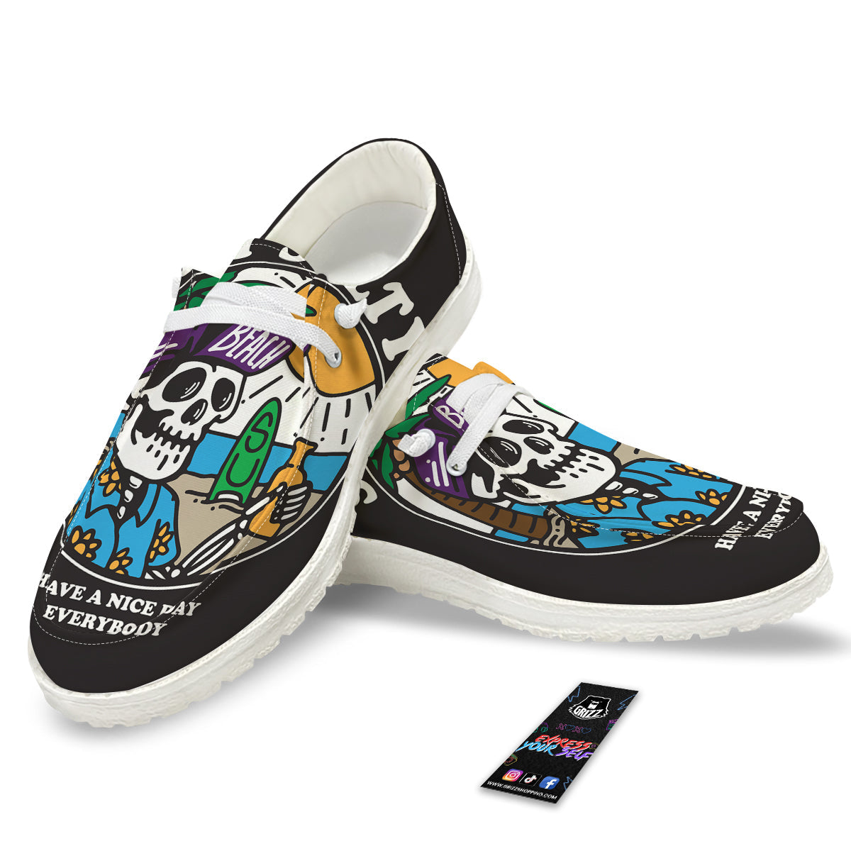 Skull Relax On Beach Print White Loafers-grizzshop