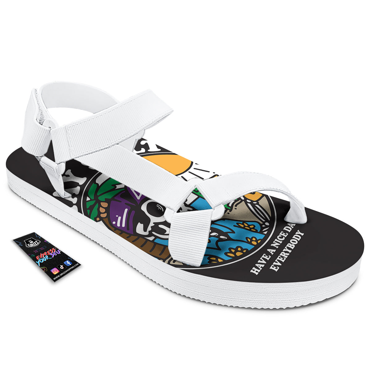Skull Relax On Beach Print White Open Toe Sandals-grizzshop