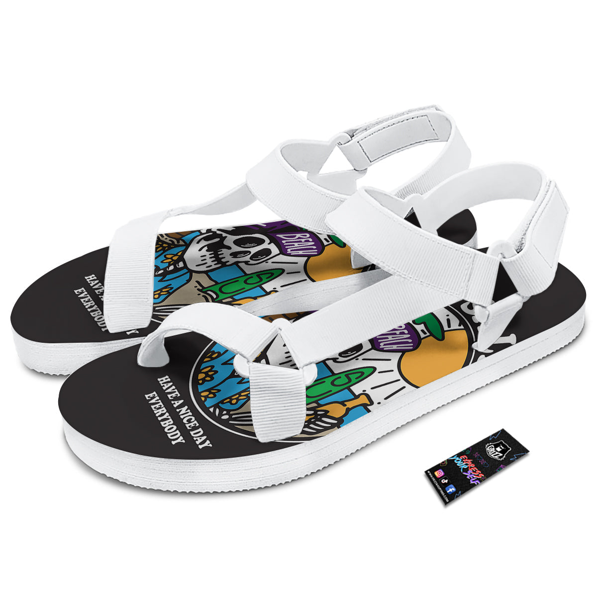 Skull Relax On Beach Print White Open Toe Sandals-grizzshop