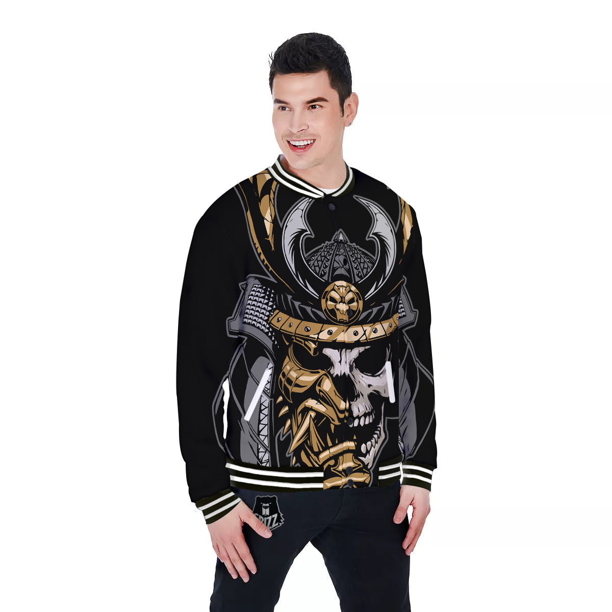 Skull Samurai Warrior Print Baseball Jacket-grizzshop