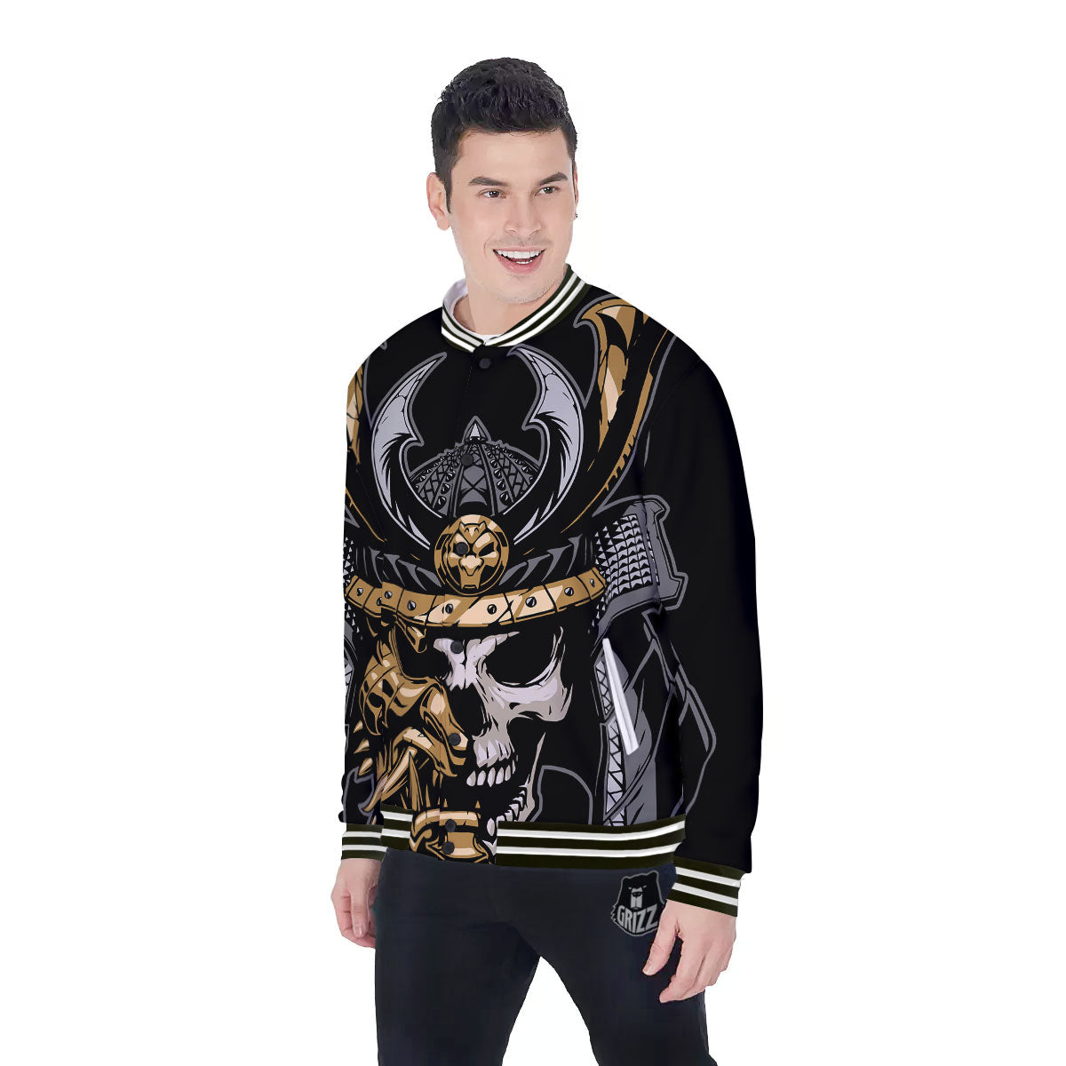 Skull Samurai Warrior Print Baseball Jacket-grizzshop