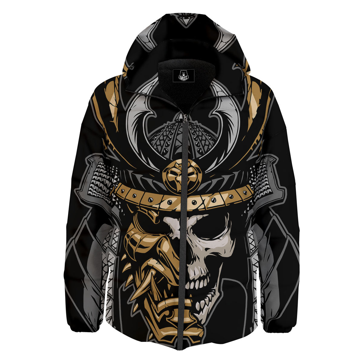 Skull Samurai Warrior Print Down Jacket-grizzshop
