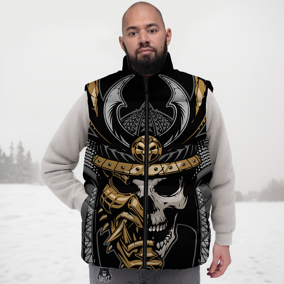 Skull Samurai Warrior Print Down Vest