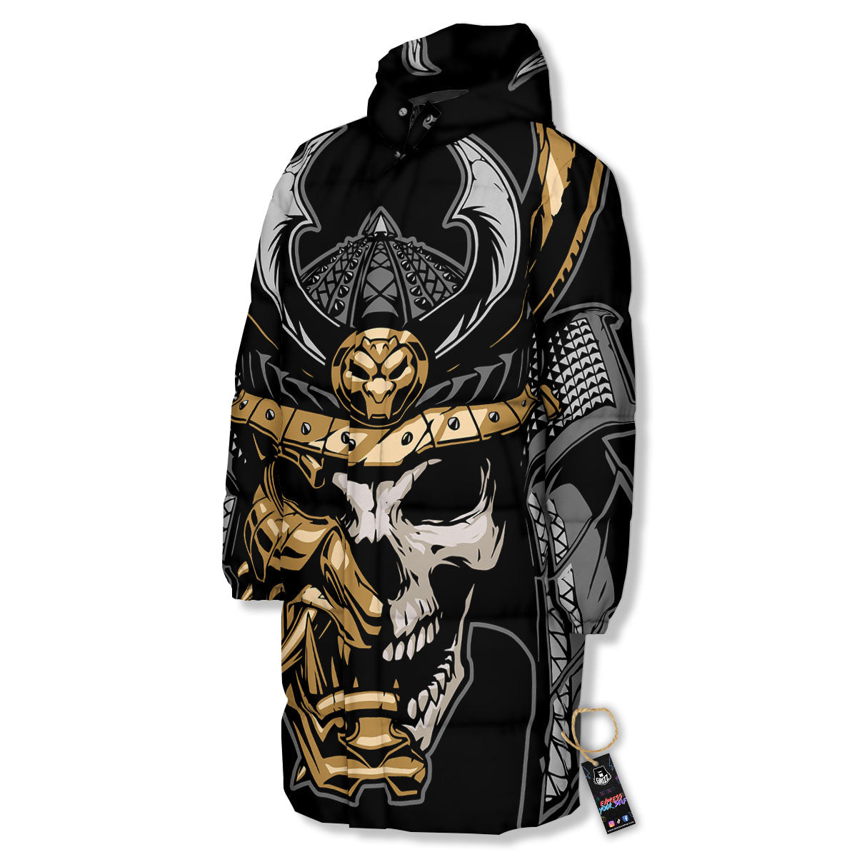 Skull Samurai Warrior Print Long Down Jacket-grizzshop