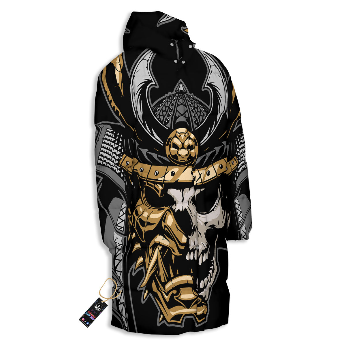 Skull Samurai Warrior Print Long Down Jacket-grizzshop