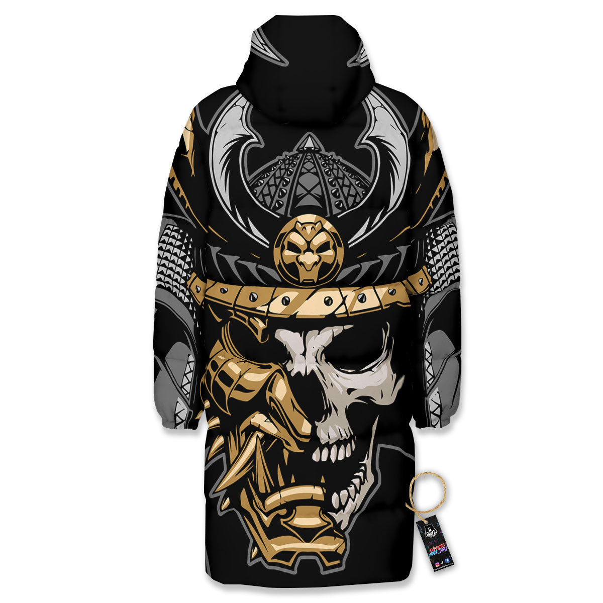 Skull Samurai Warrior Print Long Down Jacket-grizzshop