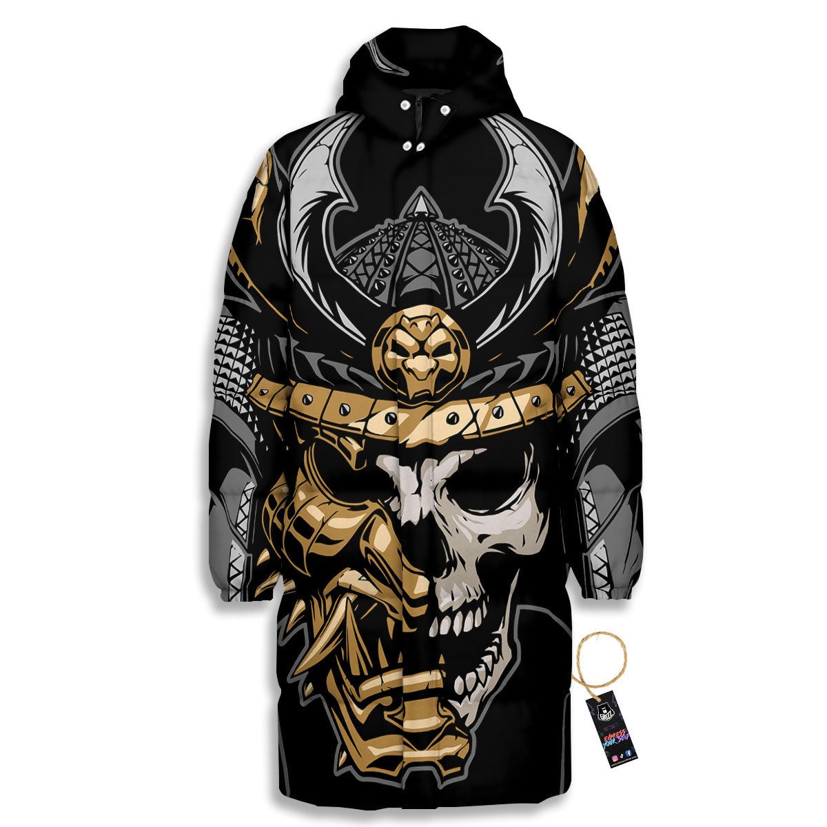Skull Samurai Warrior Print Long Down Jacket-grizzshop