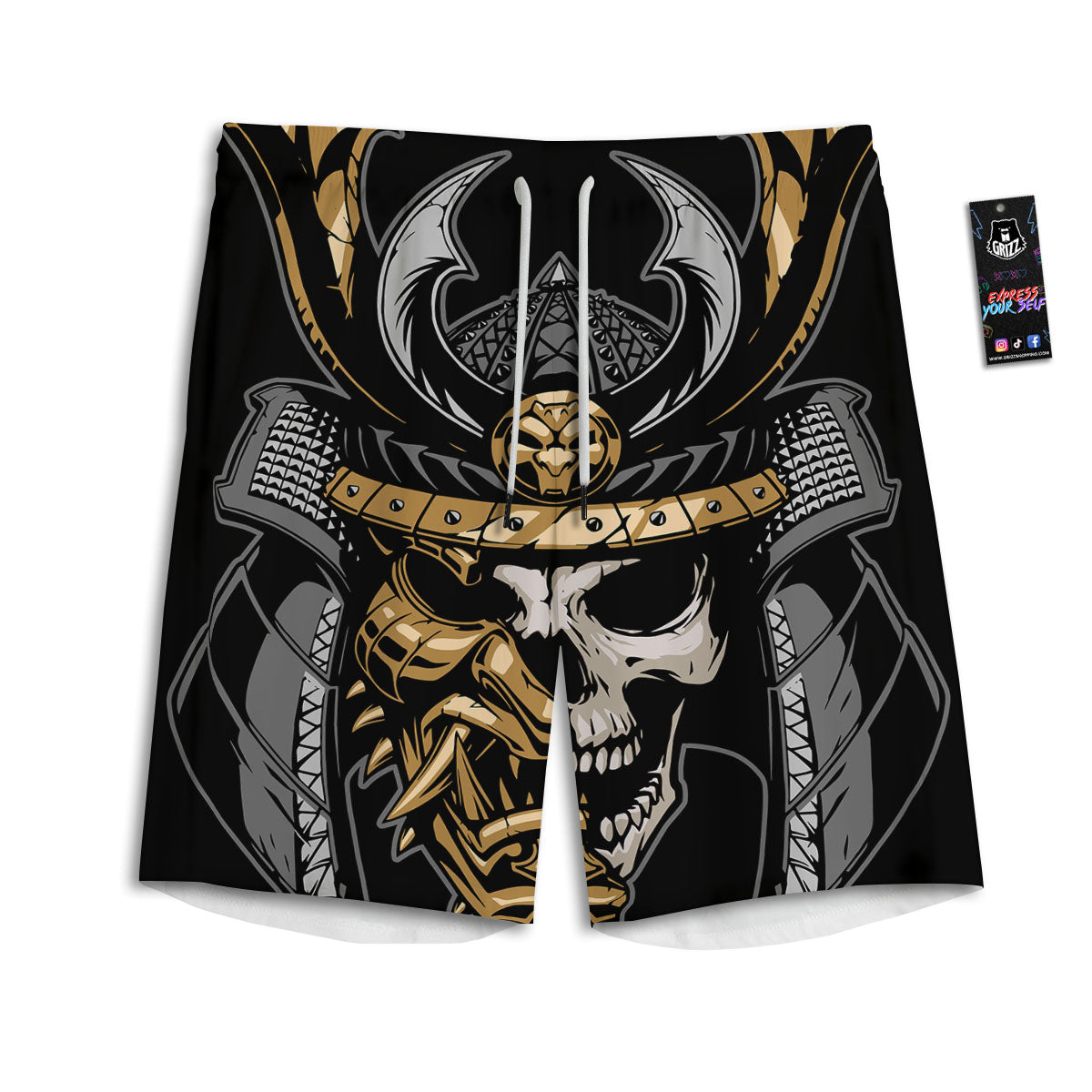 Skull Samurai Warrior Print Men's Athletic Shorts