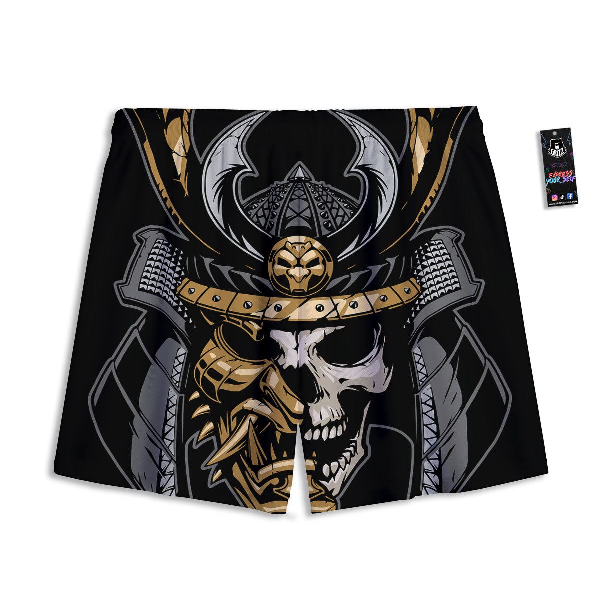 Skull Samurai Warrior Print Mesh Shorts