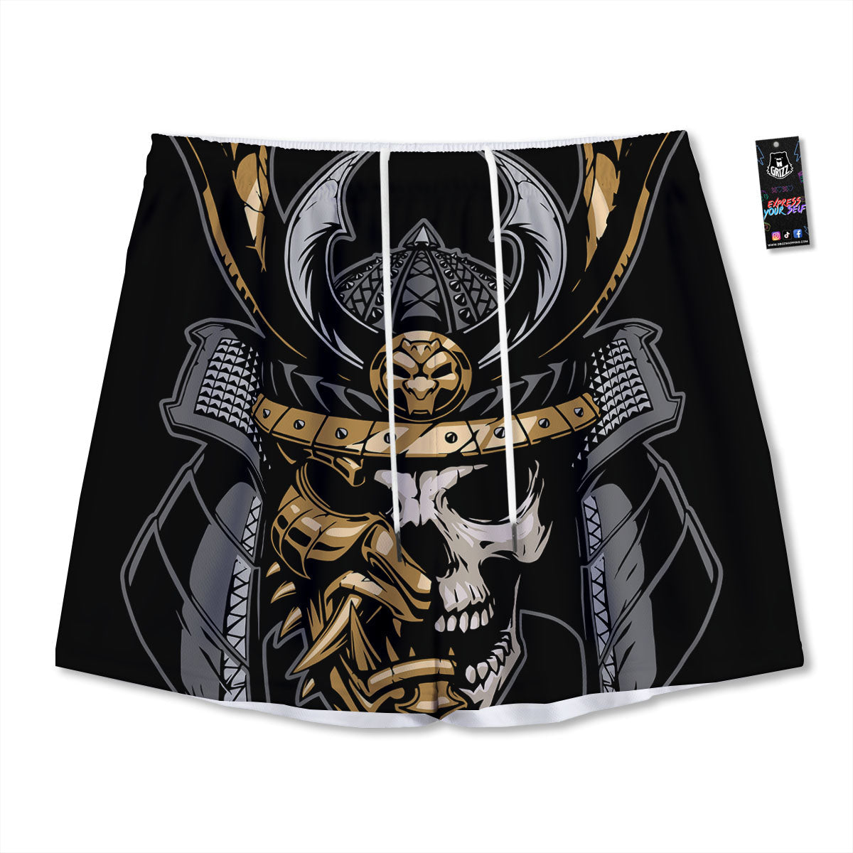 Skull Samurai Warrior Print Mesh Shorts