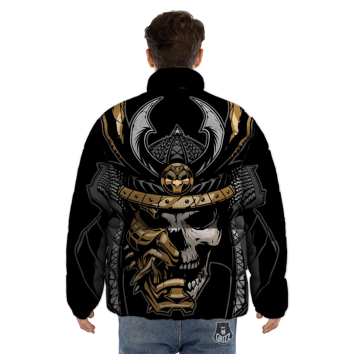 Skull Samurai Warrior Print Puffer Jacket-grizzshop