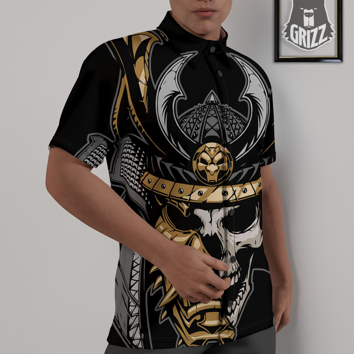 Skull Samurai Warrior Print Untucked Shirts-grizzshop