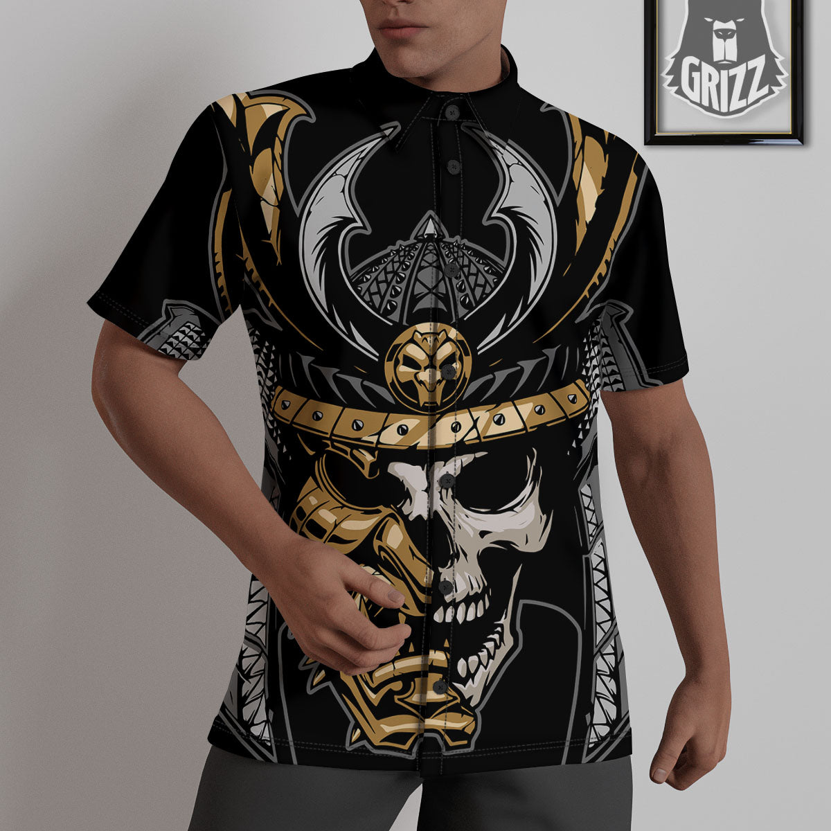 Skull Samurai Warrior Print Untucked Shirts-grizzshop