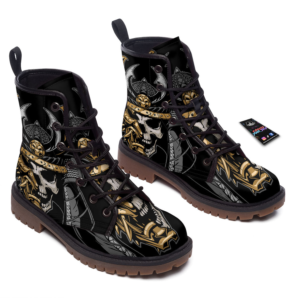 Skull Samurai Warrior Print Work Boots-grizzshop